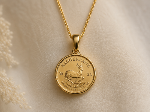 Gold Krugerrand coin pendant on a chain resting on a soft fabric background, highlighting fine gold jewelry and elegant design.