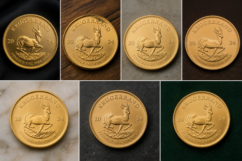 Collection of gold Krugerrand coins displayed on various textured backgrounds, showcasing different lighting and surface styles for presentation and investment appeal.