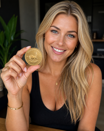 Smiling woman holding a gold Krugerrand coin close to the camera, showcasing the coin in a casual indoor setting.