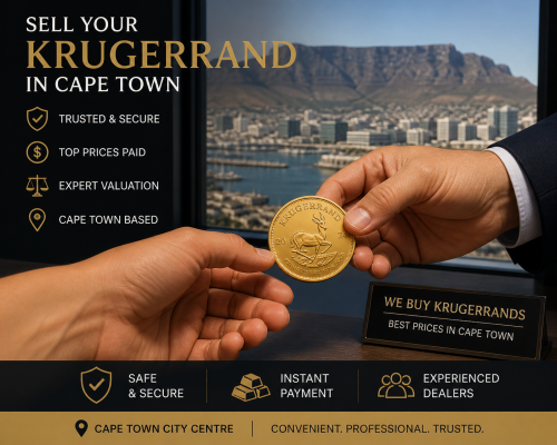 Hand exchanging a gold Krugerrand coin with Cape Town skyline and Table Mountain in the background, alongside promotional text about selling Krugerrands securely for instant payment.