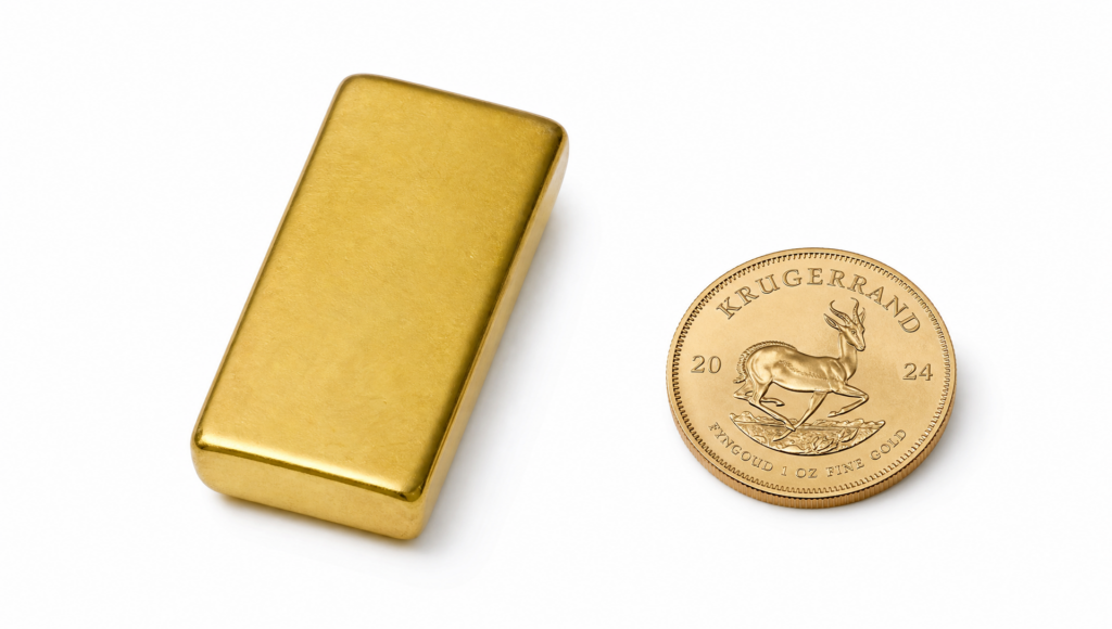 Gold bullion bar and South African Krugerrand arranged on a crisp white background.